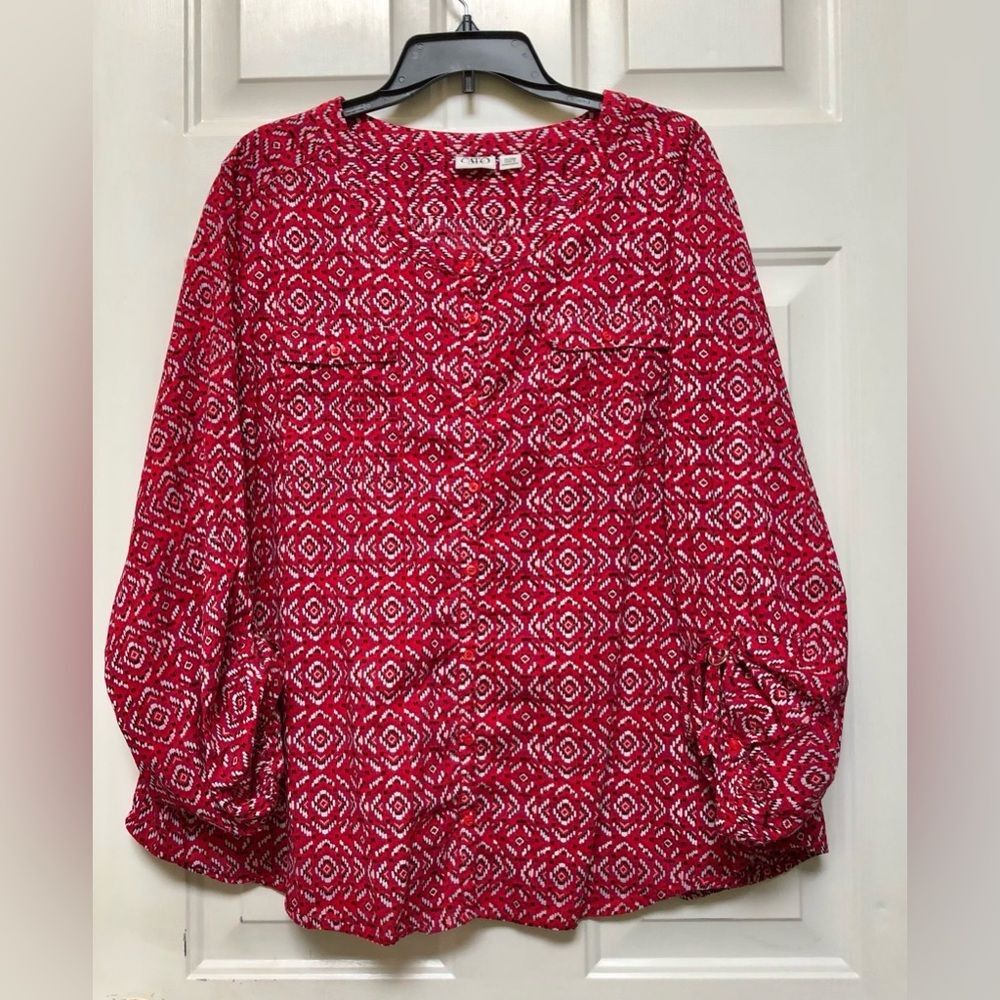 CATO WOMENS TOP- TUNIC RED SIZE 26/28W BUTTON DOWN LONG SLEEVES 2 POCKETS